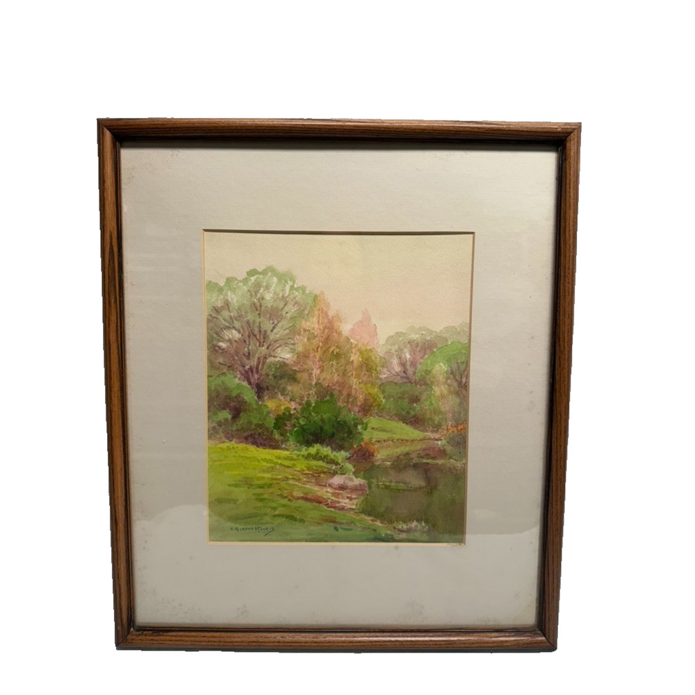 Vintage Charles Gordon Harris watercolor painting outdoor landscape trees framed